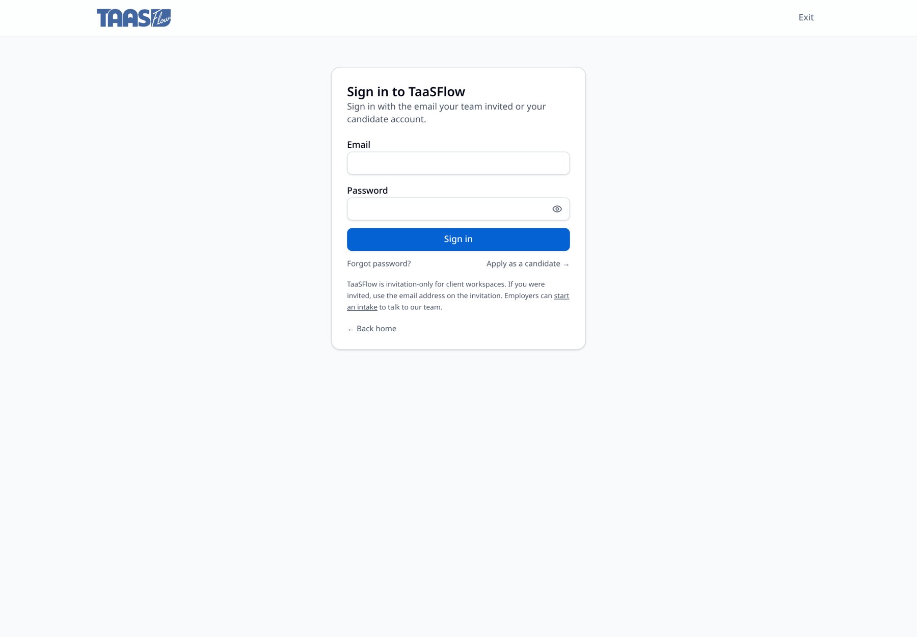 TaaSFlow client workspace screen