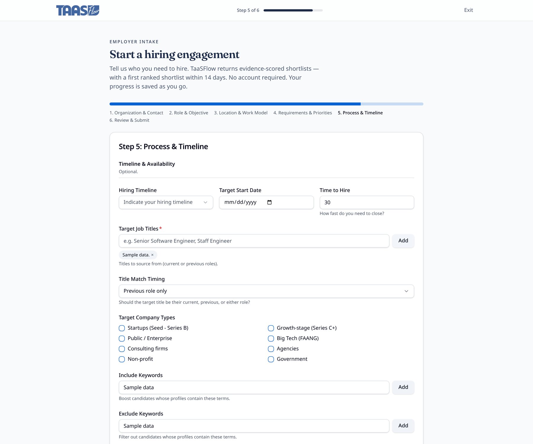 TaaSFlow process and timeline screen