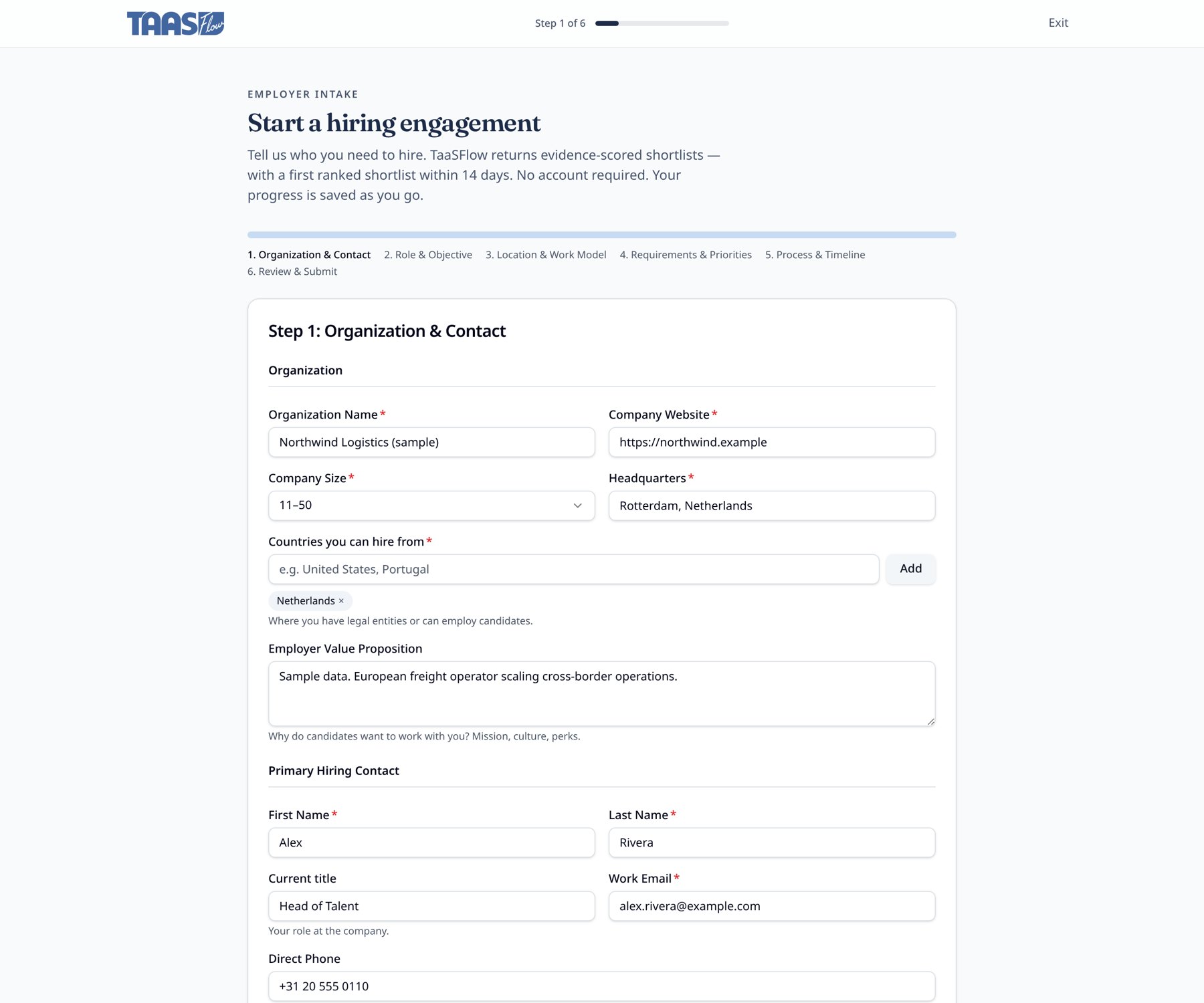 TaaSFlow structured hiring intake, step one: organisation and hiring contact