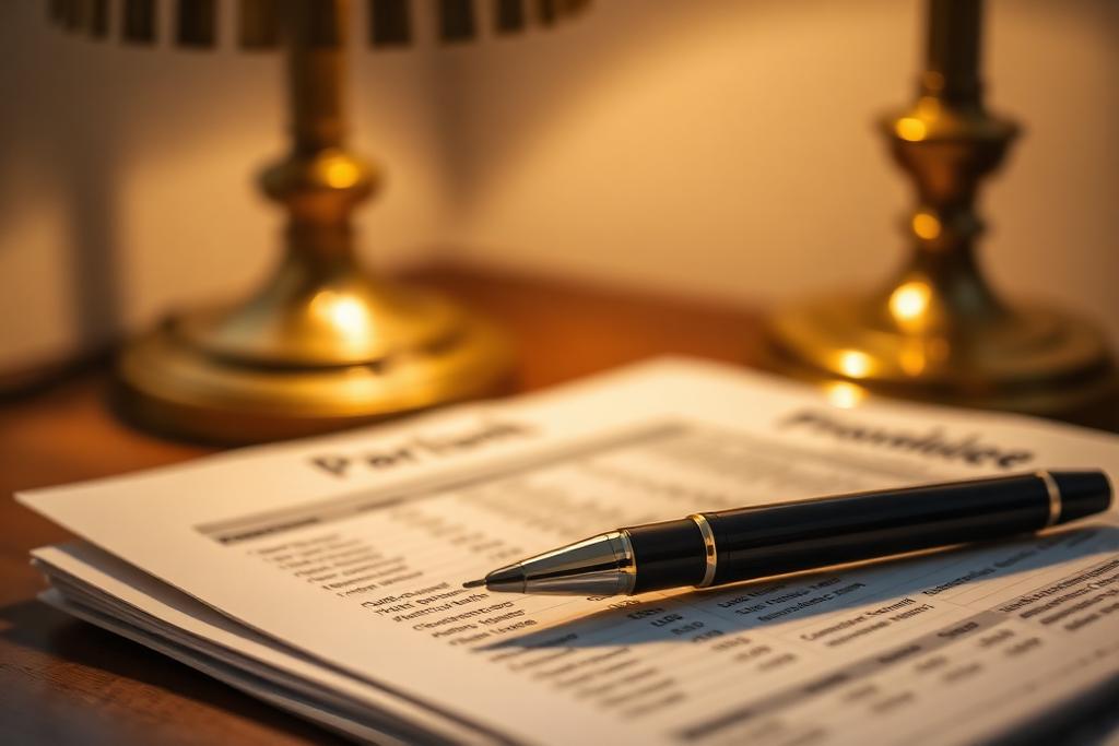 Pen resting on printed financial schedules beside a desk lamp