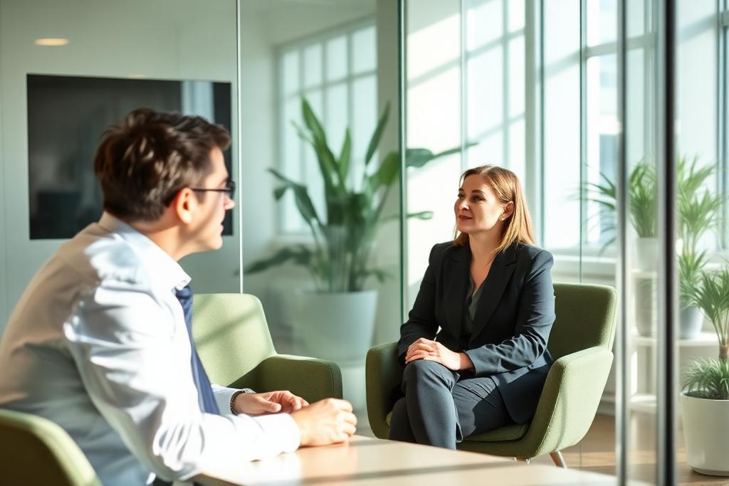 Two advisory professionals talking in a quiet glass meeting room