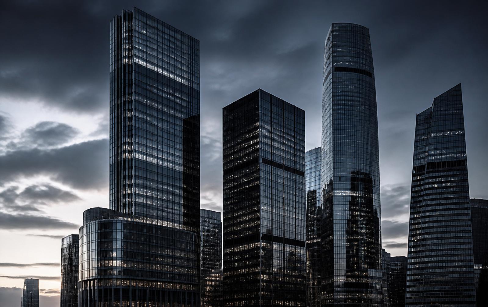 Modern global financial district at dusk