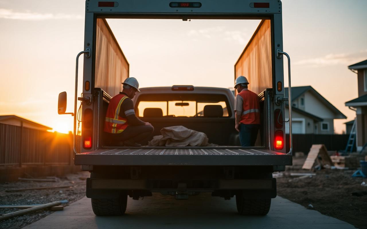Construction crew planning the day around a truck tailgate at sunrise