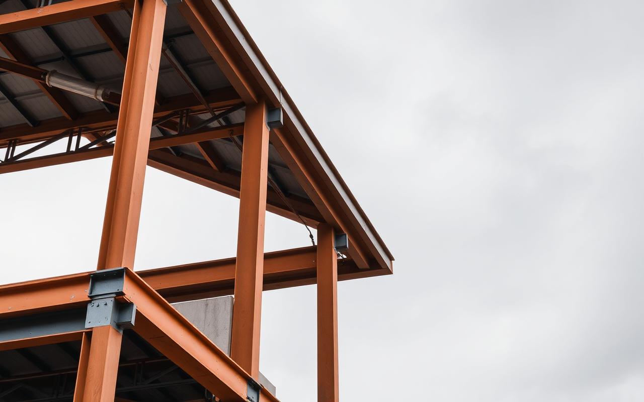 Steel and timber structural frame against an overcast sky