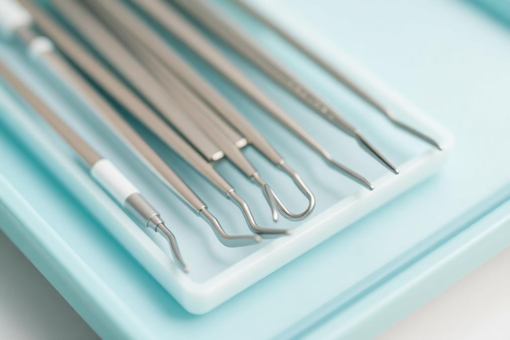 Sterilised dental instruments arranged on a clean tray