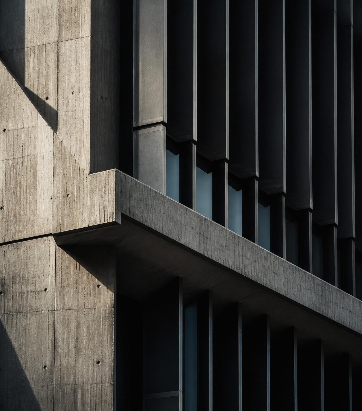 Corporate building façade at dusk