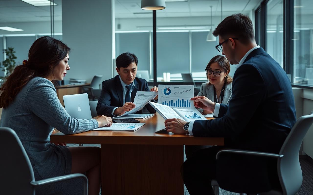 Finance team reviewing printed performance reports around a table