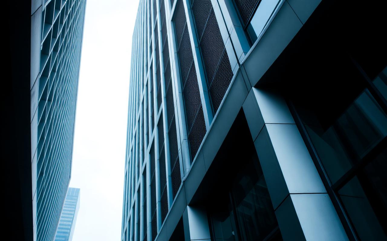 Modern financial district facade in cool morning light