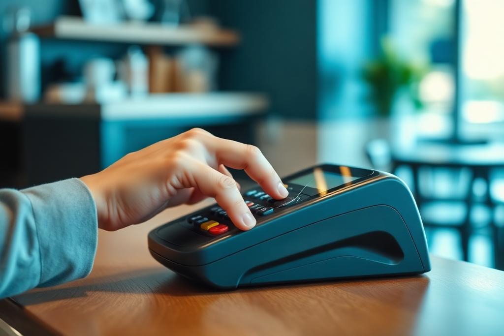 Contactless payment terminal on a cafe counter