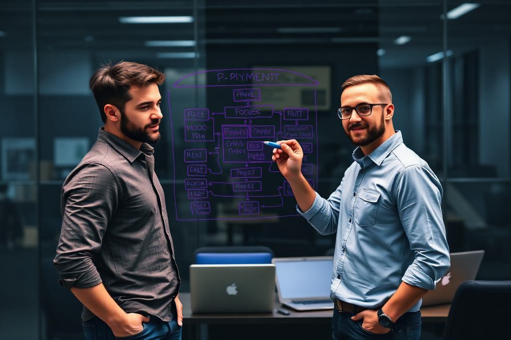 Engineers sketching a payments architecture on a glass wall