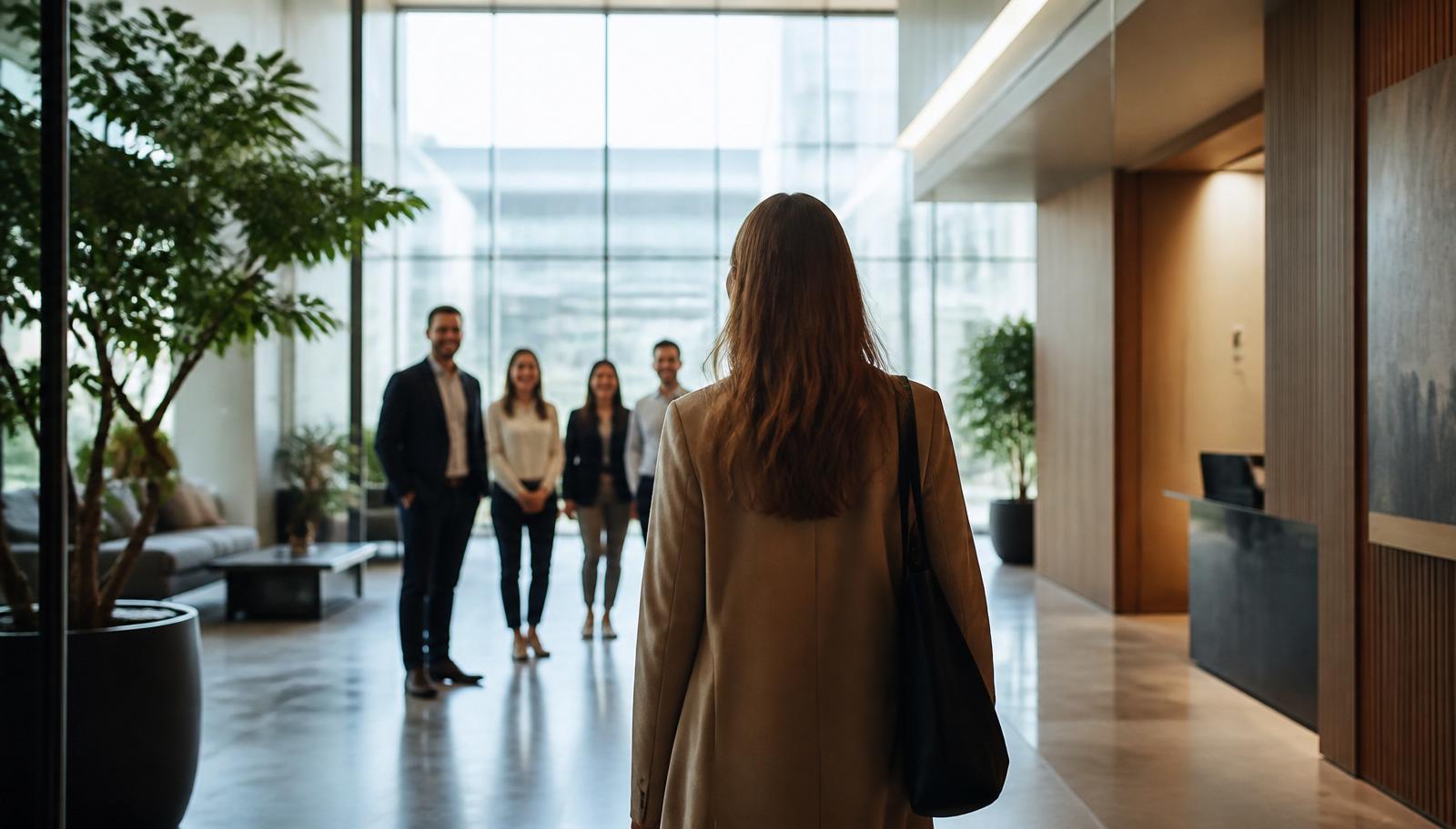 A new colleague arriving in a bright modern office lobby on their first day