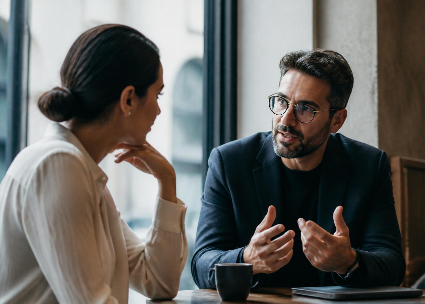 Two professionals in a focused one-on-one conversation across a small table