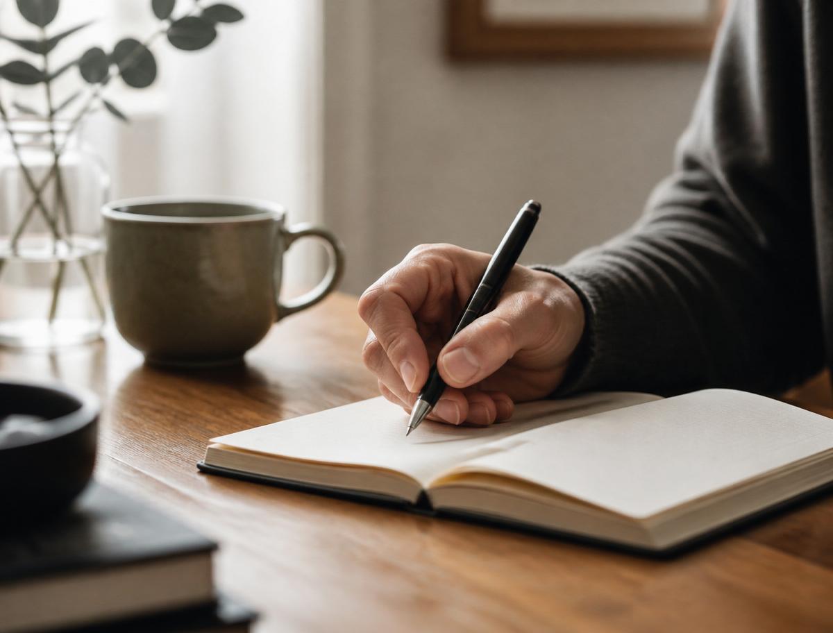 A hand writing notes with a pen in an open notebook on a wooden desk