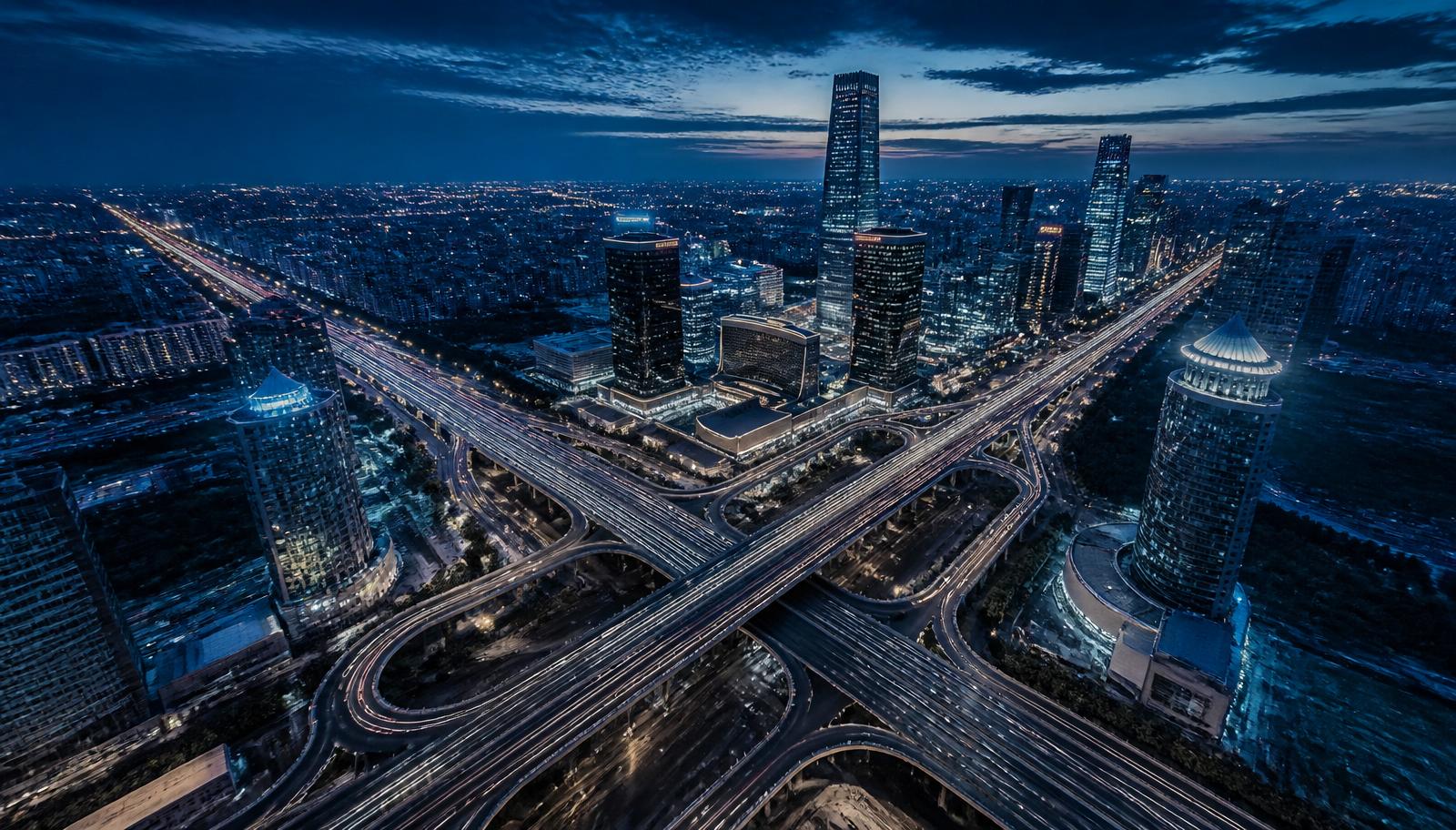 Aerial view of an interconnected global city grid at twilight