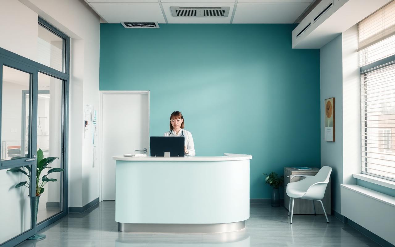Clinic operations coordinator working at a reception workstation