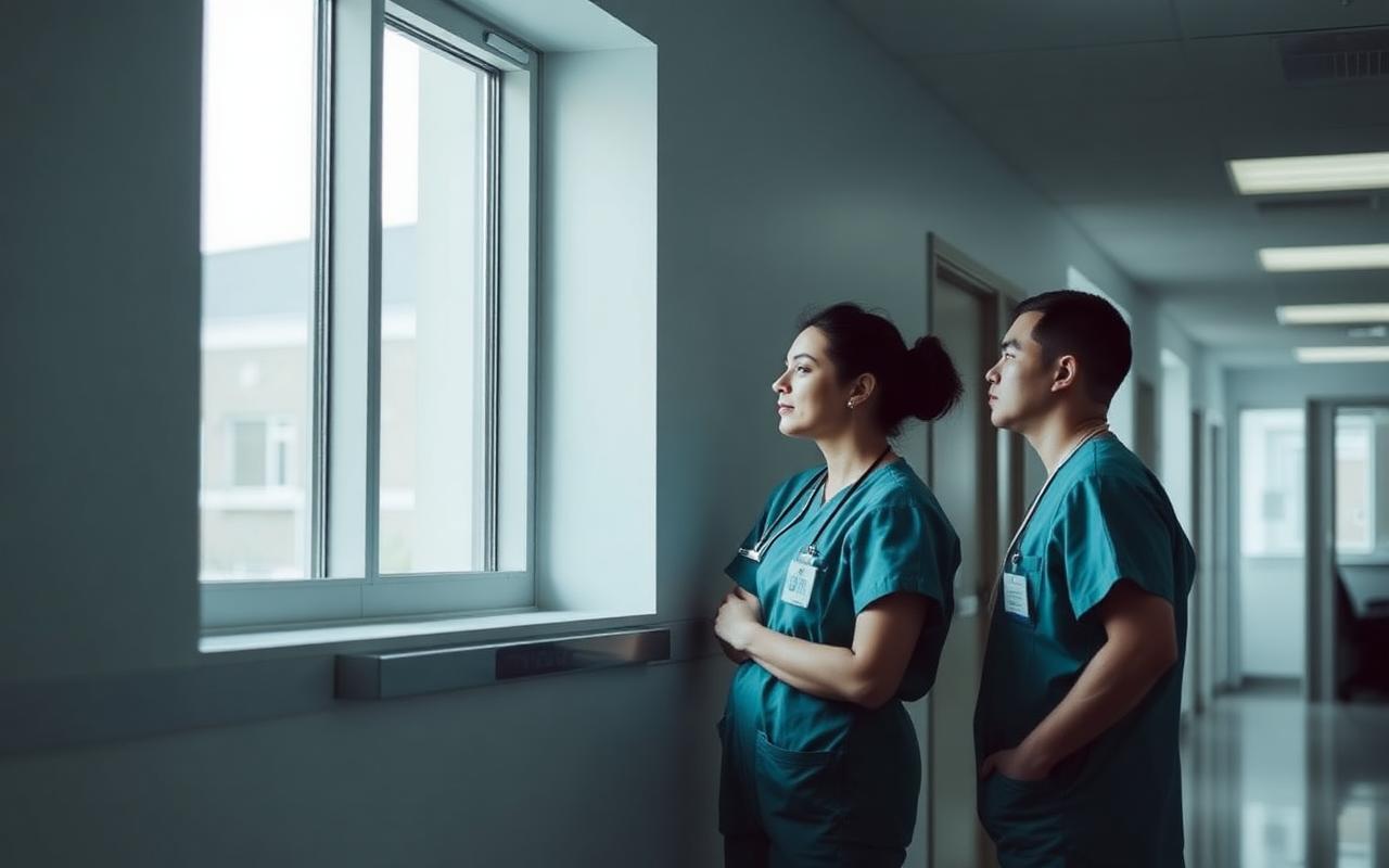 Two clinicians conferring beside a window in a hospital wing