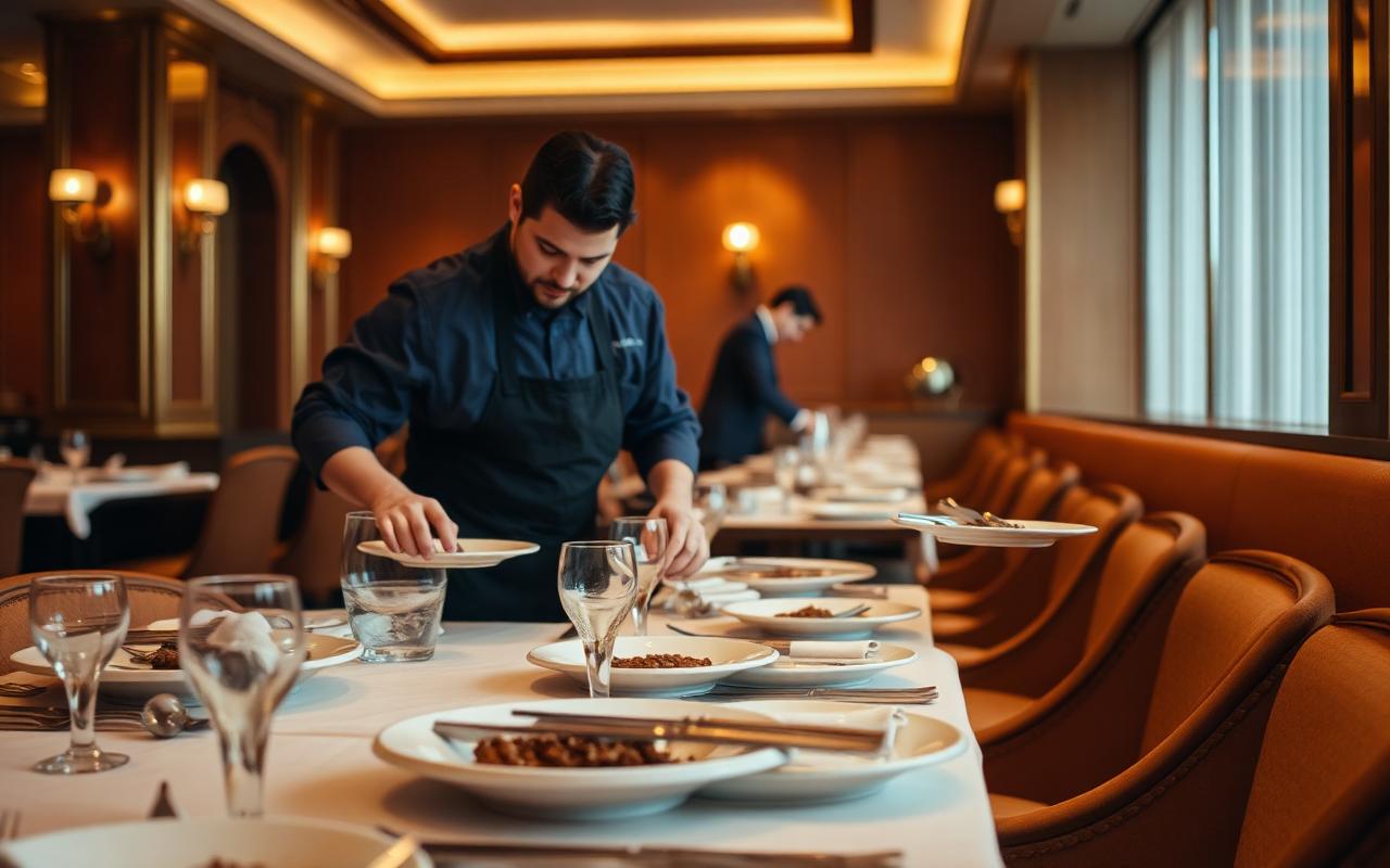 Restaurant team plating and setting tables before service