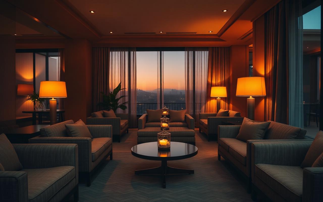 Boutique hotel lounge at dusk with warm lamplight