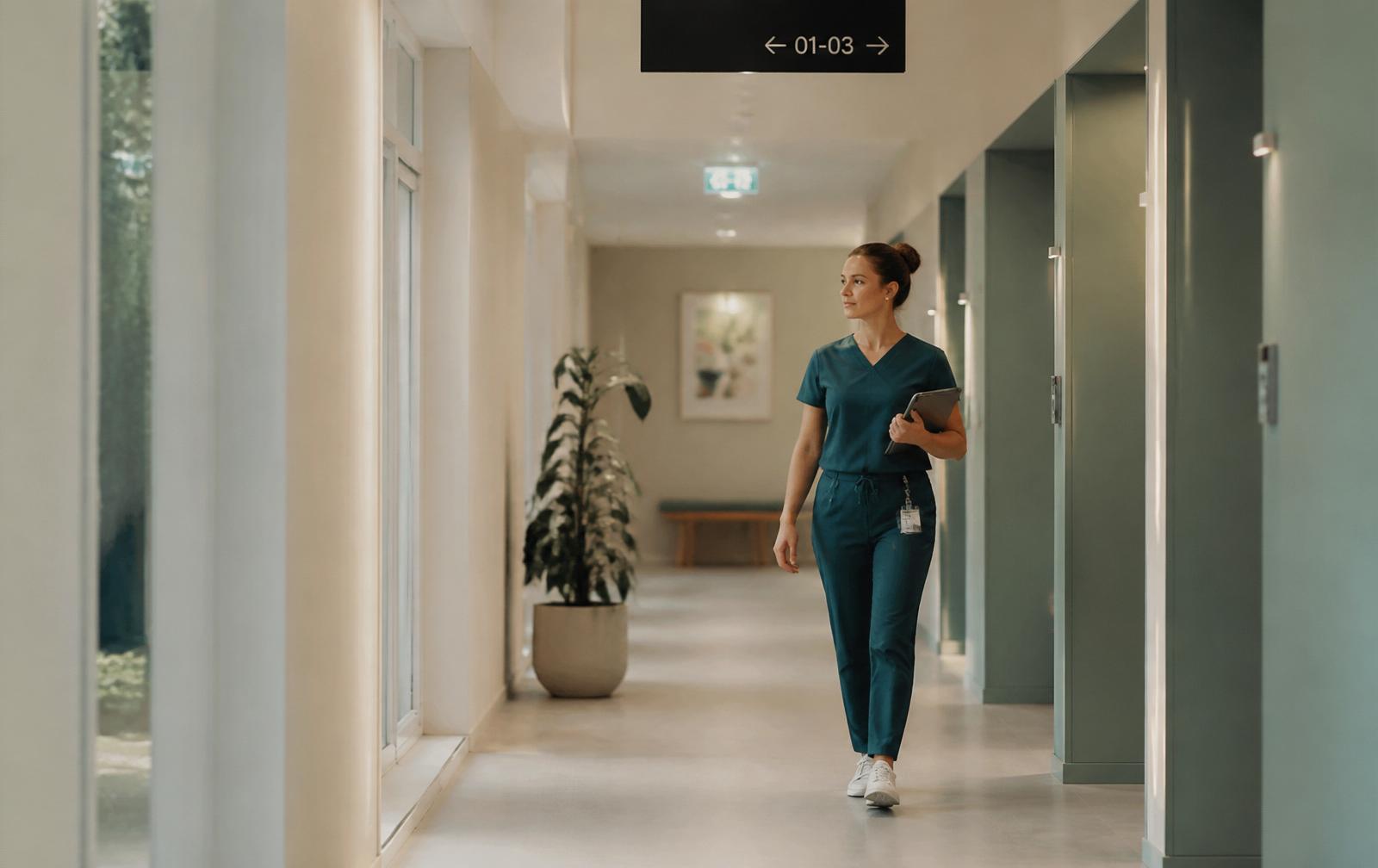 Clinical staff moving through a modern healthcare facility corridor