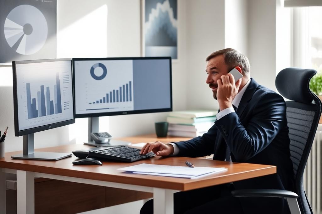 Broker on a call at a desk with performance charts on screen