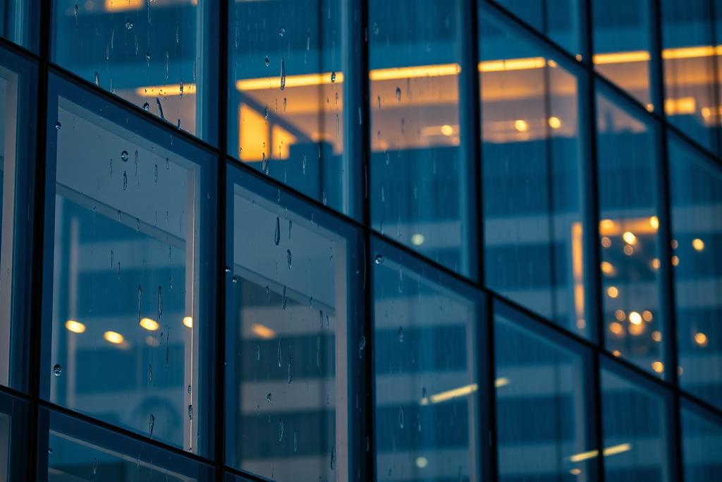 Rain on the glass facade of a modern insurance headquarters at dusk