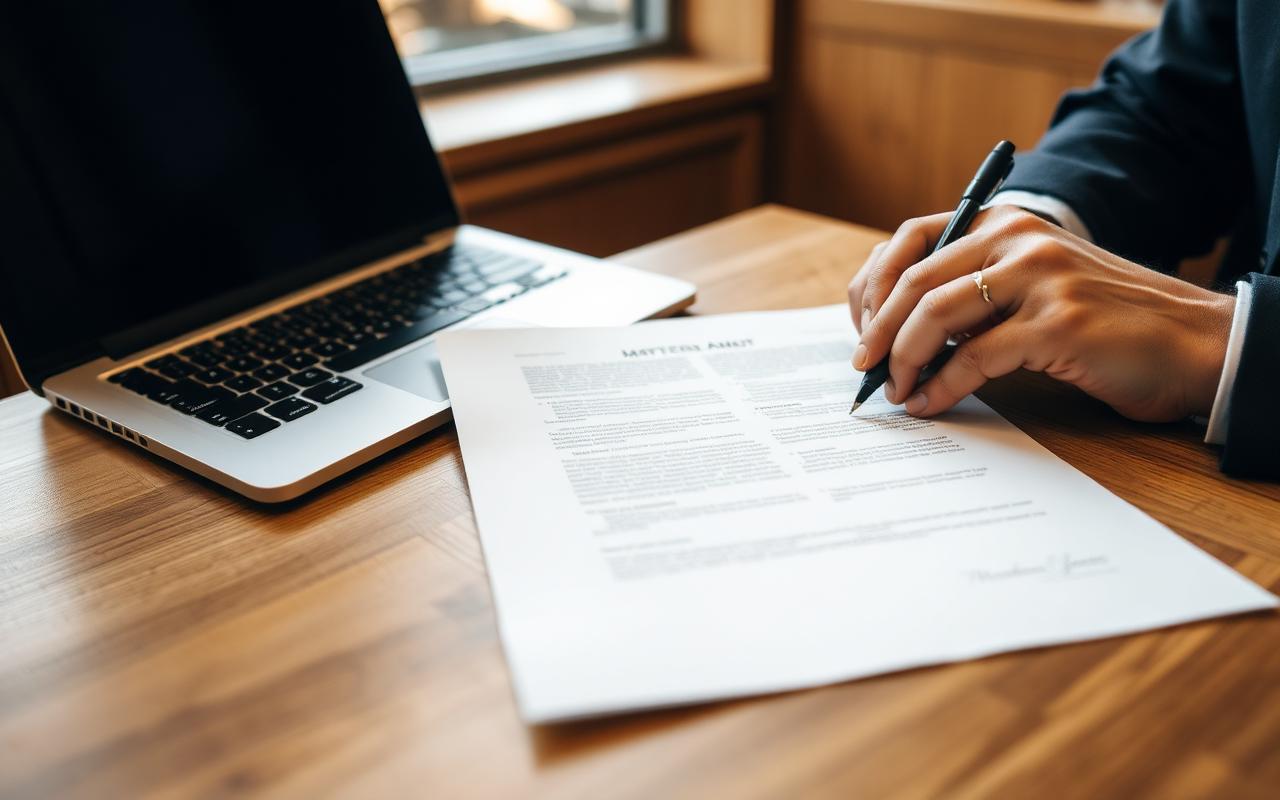 Hands annotating a printed matter document beside a laptop