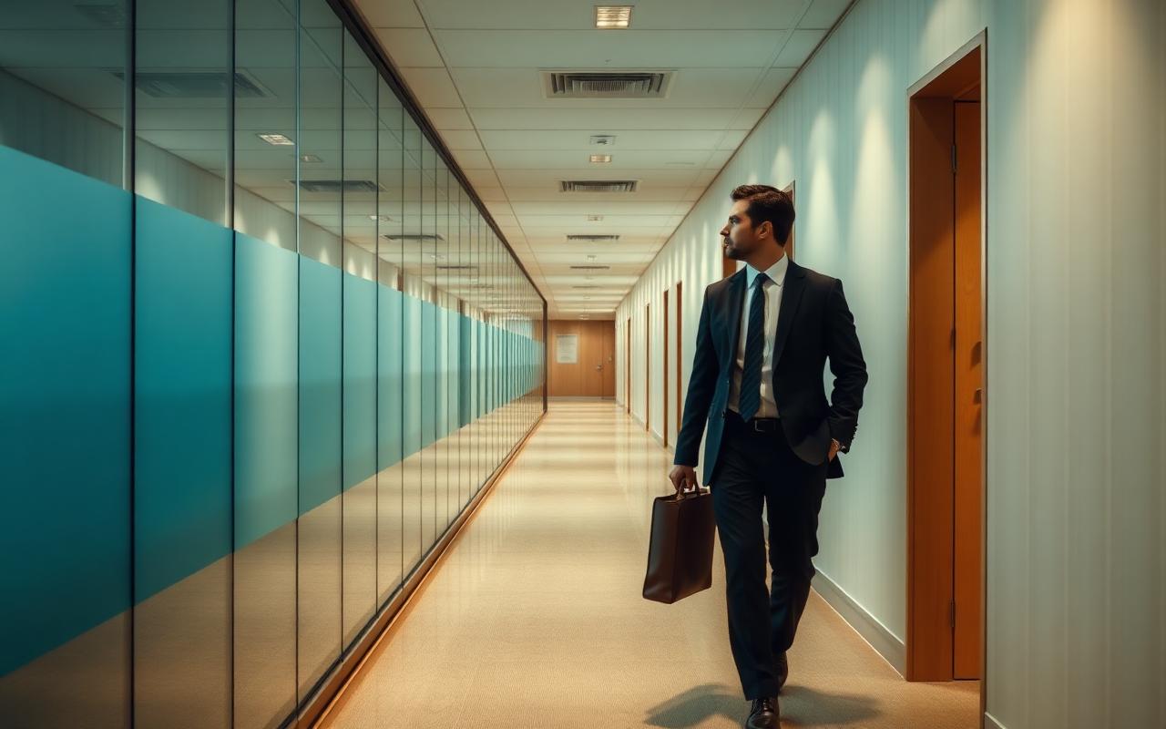 Two lawyers talking as they walk through a firm corridor