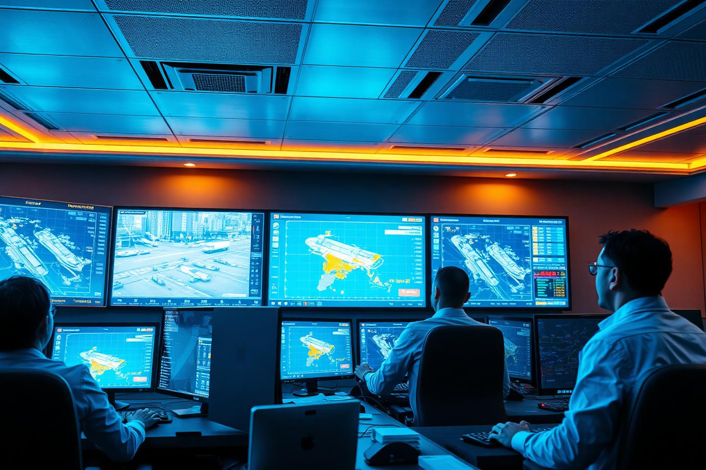 Logistics control room team monitoring freight movements on large screens