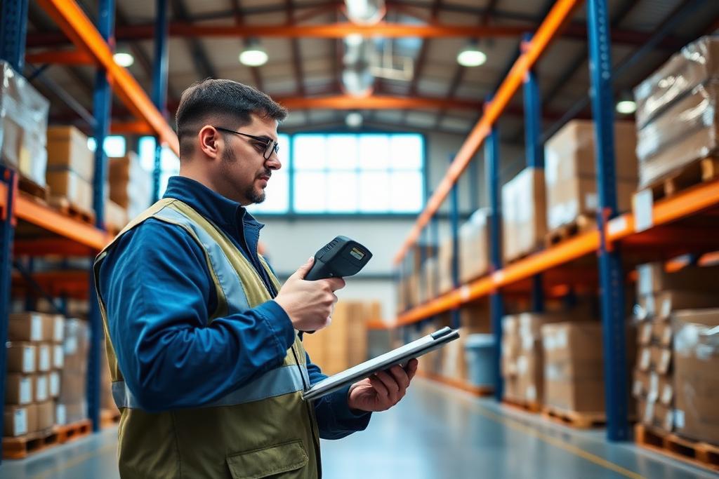 Warehouse supervisor checking pallets with a handheld scanner