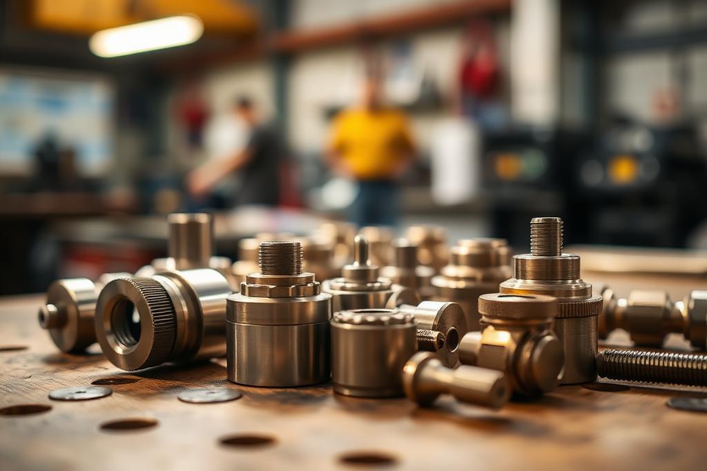 Precision machined components arranged on a workbench