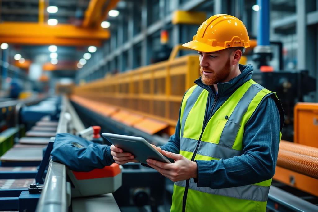 Plant manager checking output data on a tablet beside a production line