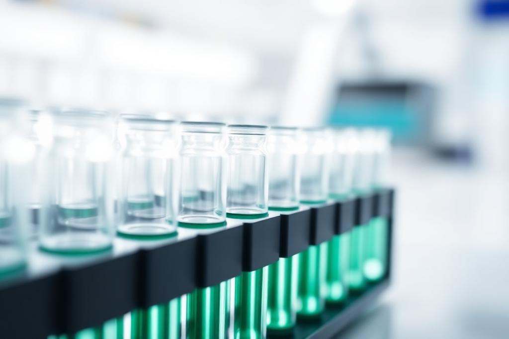 Rows of clear laboratory vials in a rack under directional light