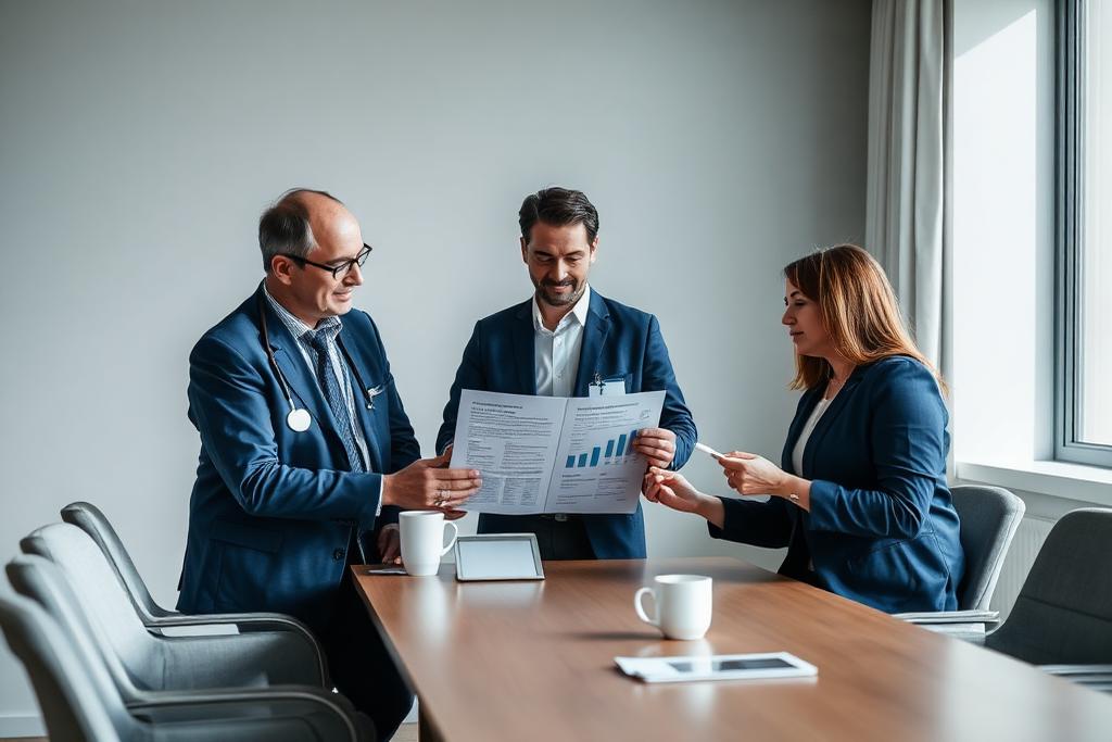 Medical affairs and commercial colleagues discussing a printed study summary