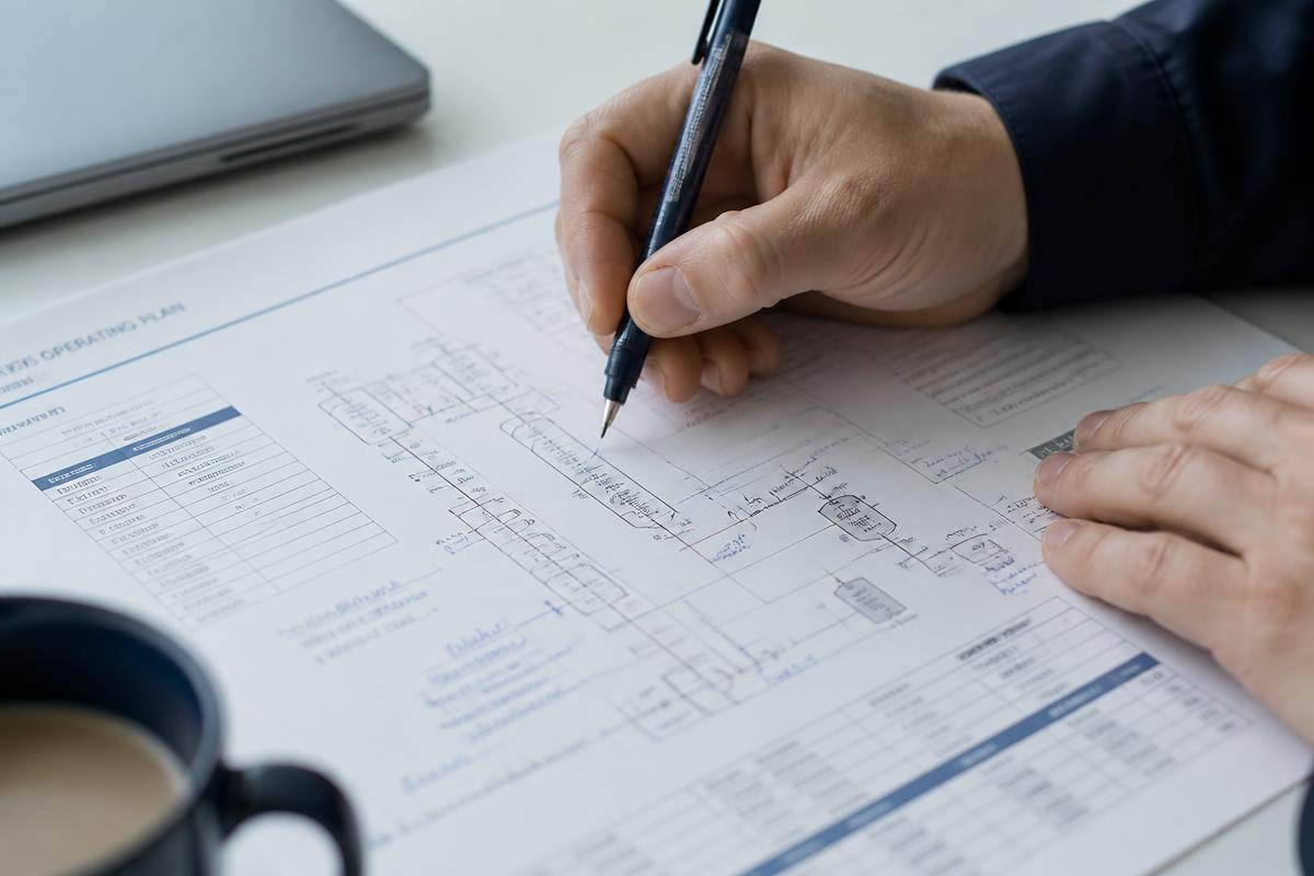 Hands annotating a printed operating plan beside a laptop