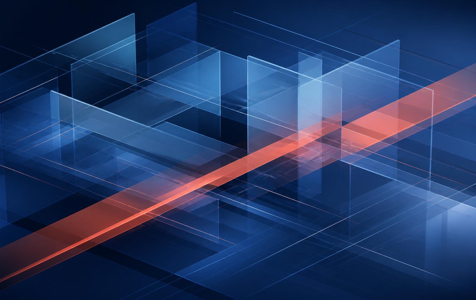 Abstract cobalt composition of layered planes crossed by a coral ribbon, representing growth infrastructure