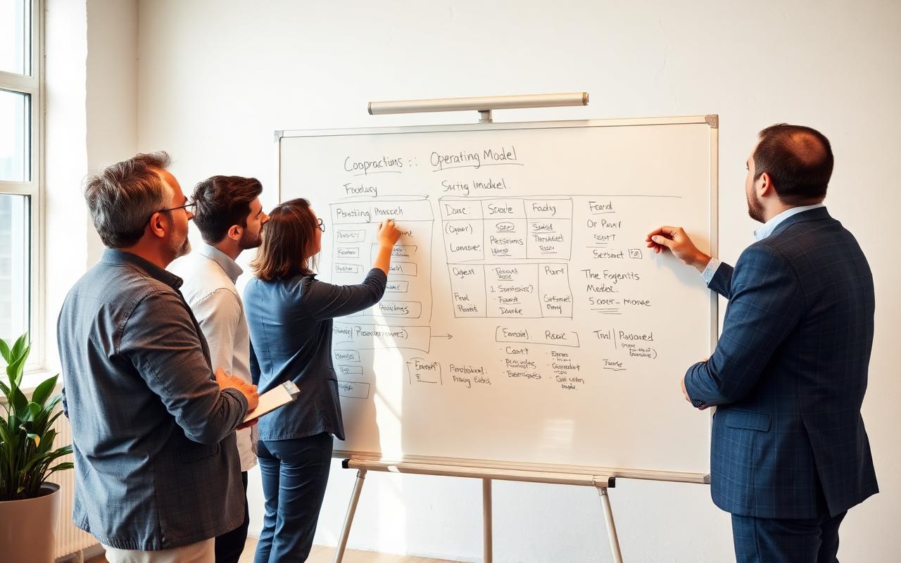Consultants sketching an operating model on a whiteboard