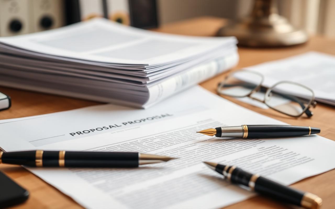 Bound proposal documents, pen and reading glasses on a desk