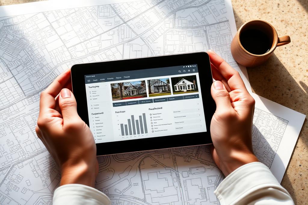 Hands over a printed site plan with a property dashboard on a tablet