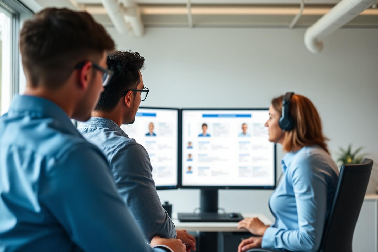 Recruitment team reviewing candidate pipeline boards in a bright office