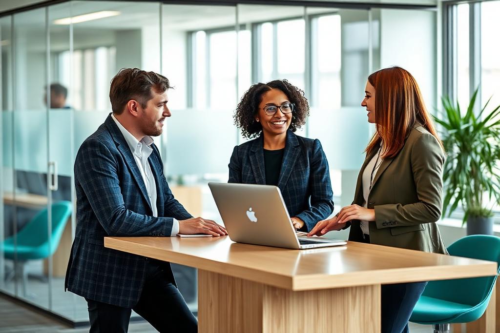 Two recruiters in conversation at a standing desk
