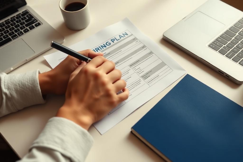 Hands annotating a printed hiring plan beside a laptop