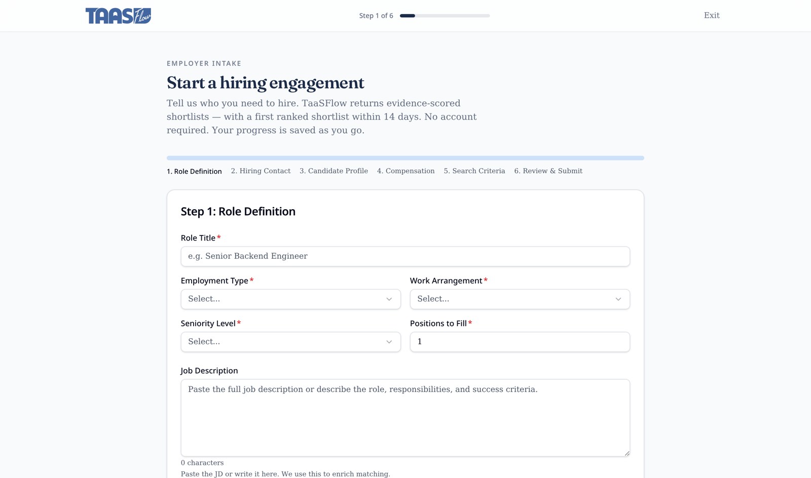 TaaSFlow employer intake, step one of six: role definition fields for title, employment type, seniority and description