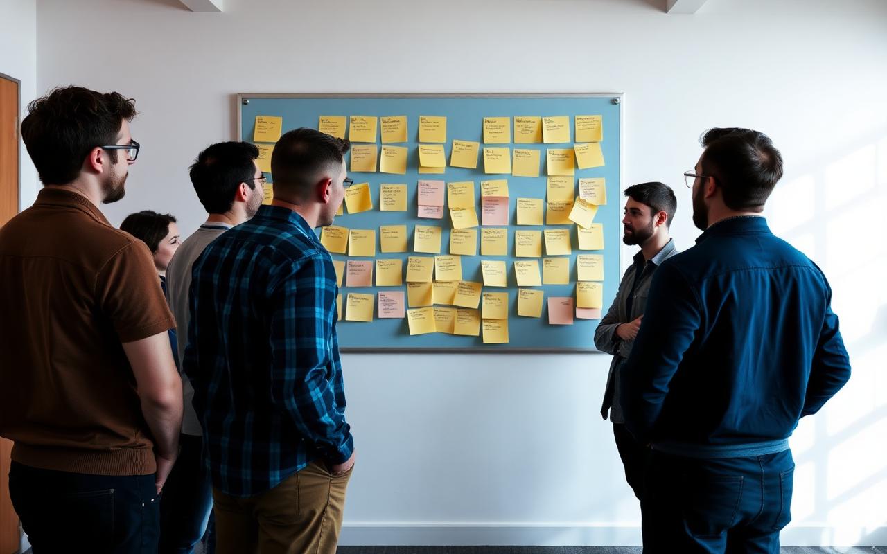 Software team at a standup in front of a planning wall