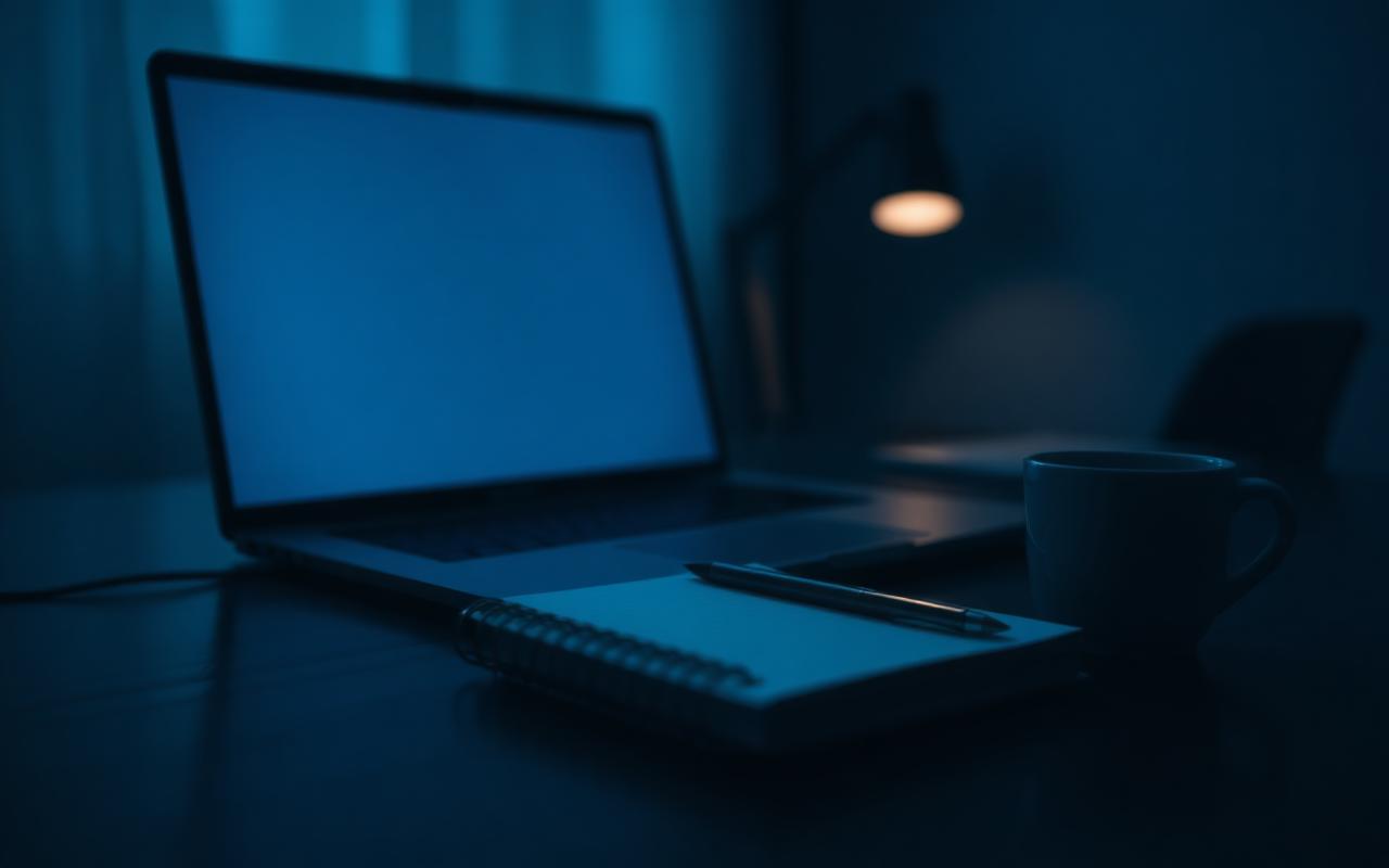 Laptop glow across a desk in a dim workspace at night
